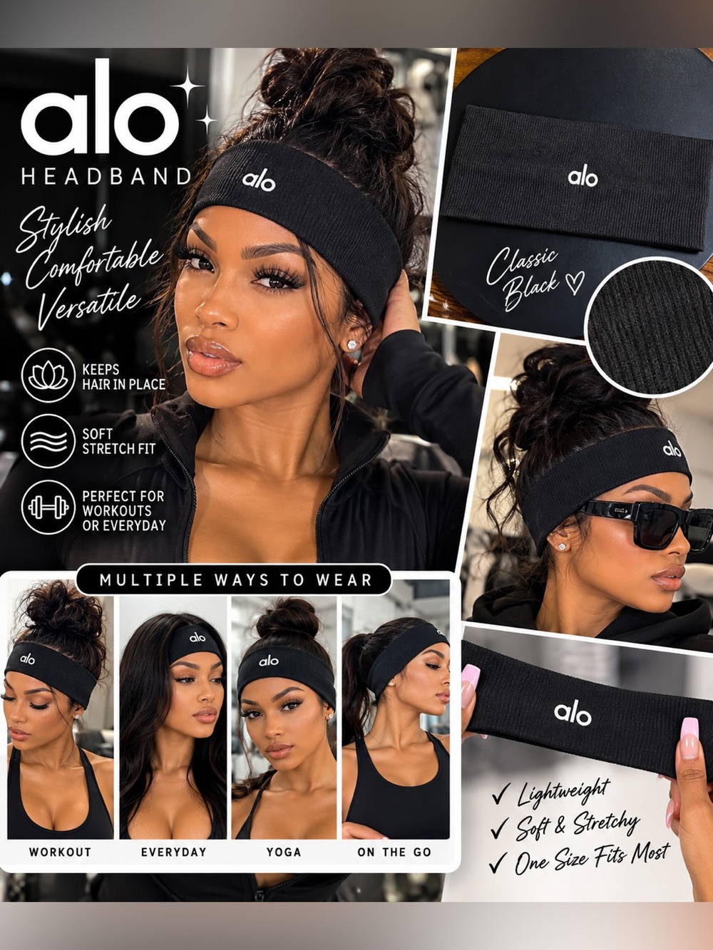 ALO Yoga Black Headband — Stretchy Performance Hairband